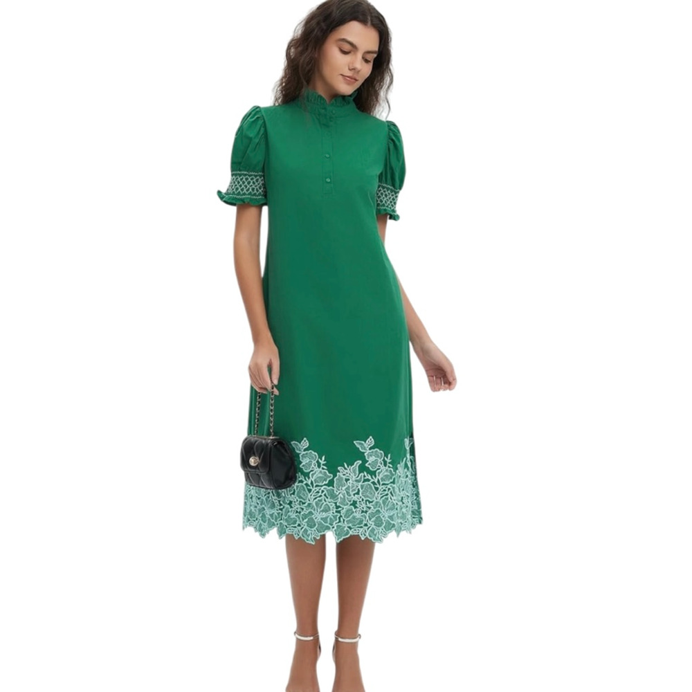 Hyacinth House Eliza Green Embroidered Lace Hem Puff Sleeve Midi Dress XXL